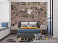 Elegant White Crane on Pink Background Wall Mural in kids bedroom.