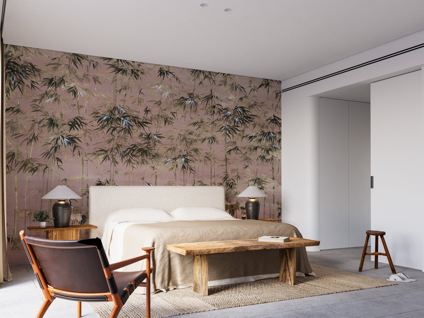 Modern Pink and White Crane Mural for Stylish Bedroom Interiors