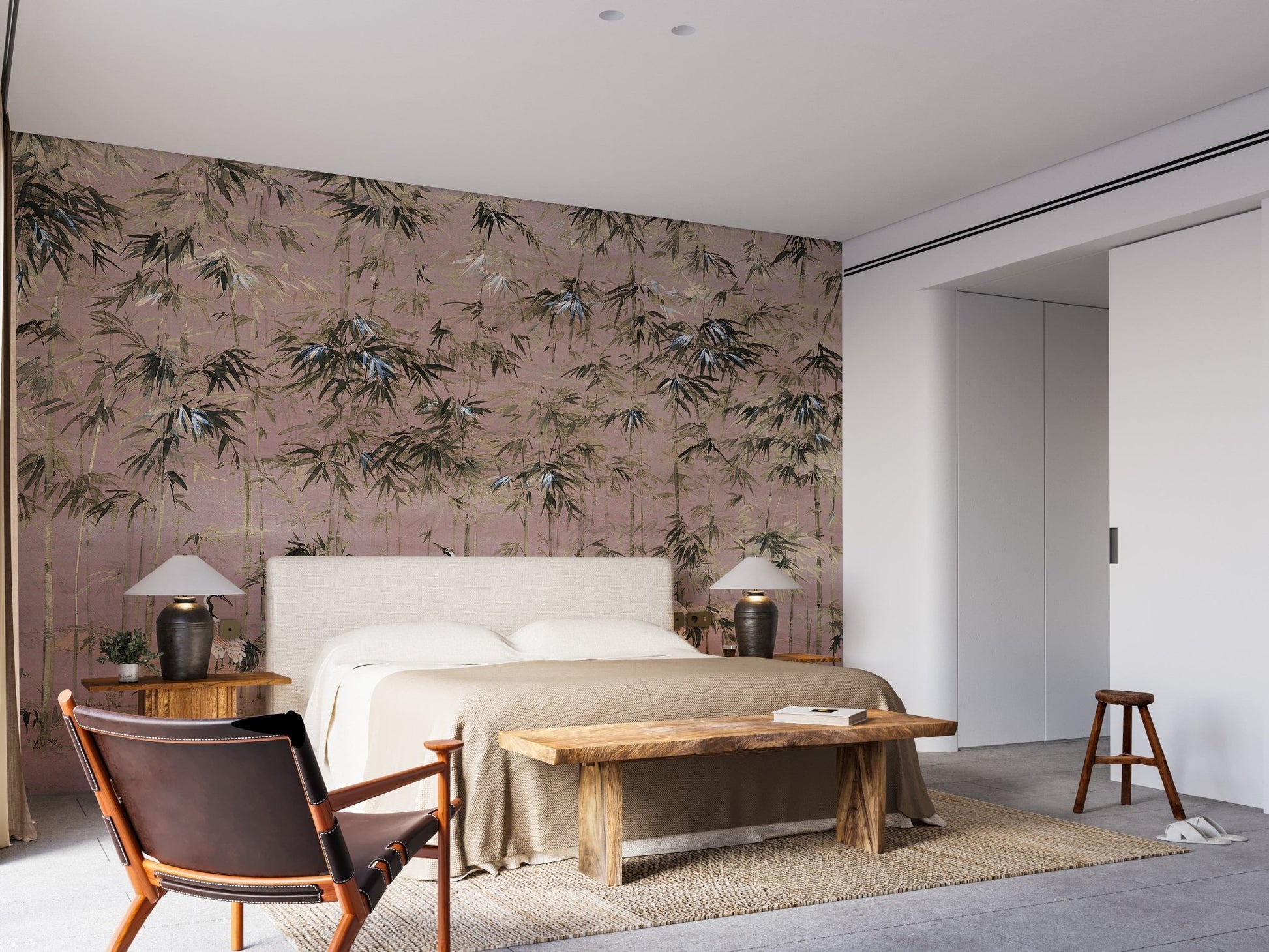 Modern Pink and White Crane Mural for Stylish Bedroom Interiors