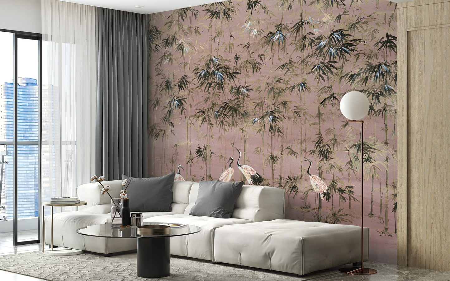 White Crane on Pink Color Wall Mural for Open Living space.