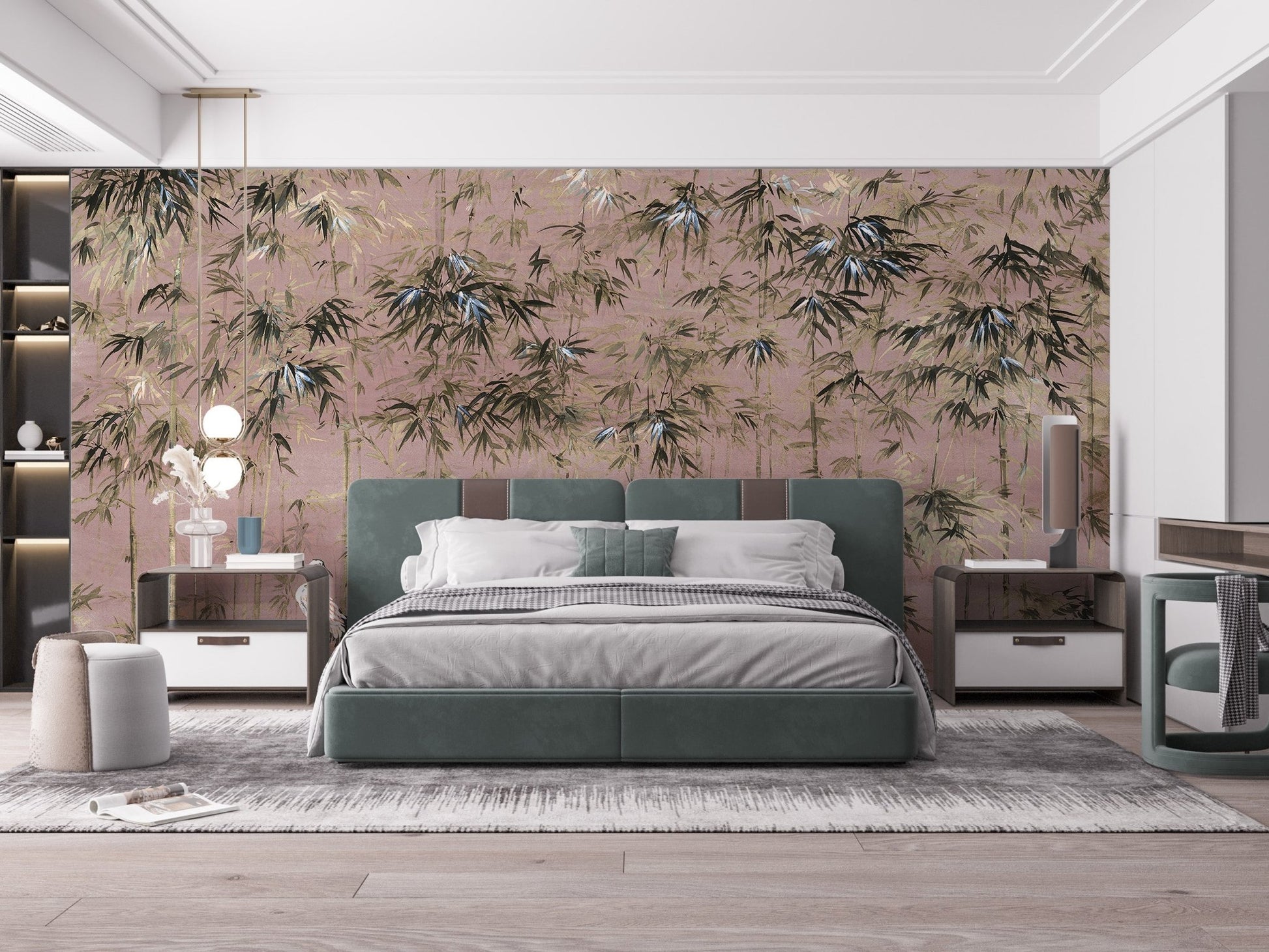 Pink Color with White Crane Wall Mural for Bedroom Walls
