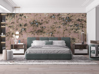 Pink Color with White Crane Wall Mural for Bedroom Walls