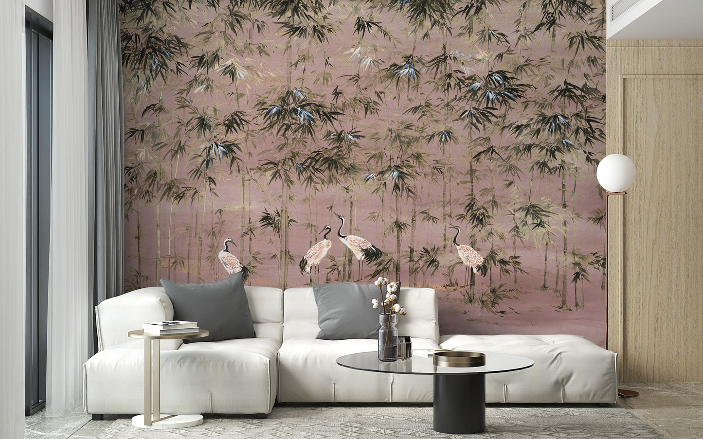 Soft Pink and White Crane Wall Mural for Living Rooms