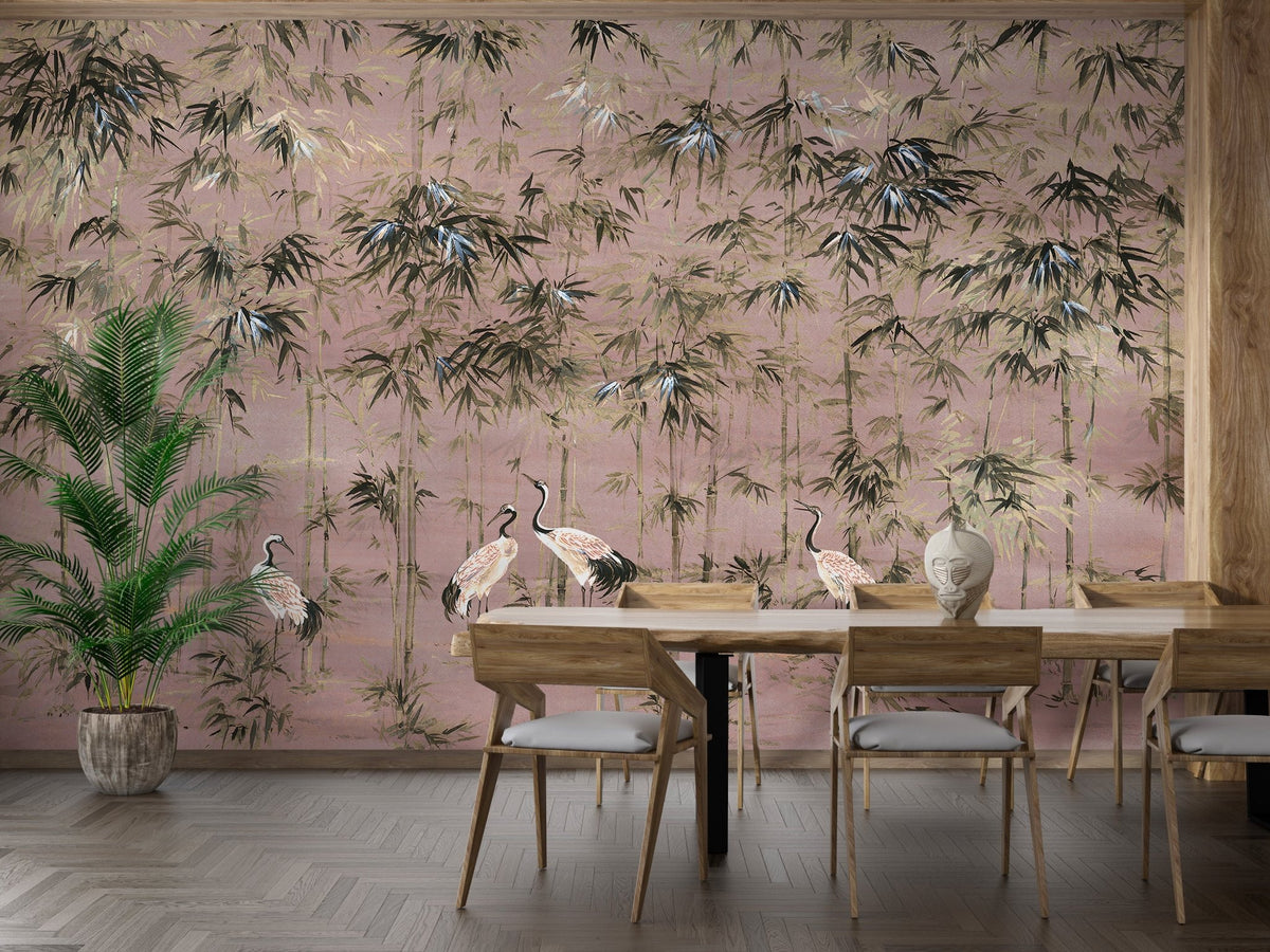Graceful White Crane and Pink Wall Mural for Dining room