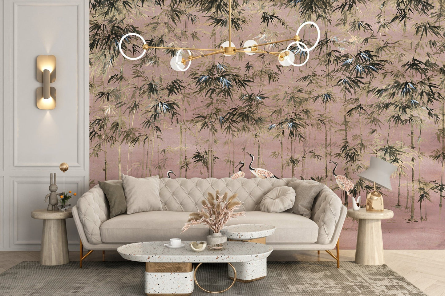 Delicate White Crane Wall Mural with Pink Background in living area.