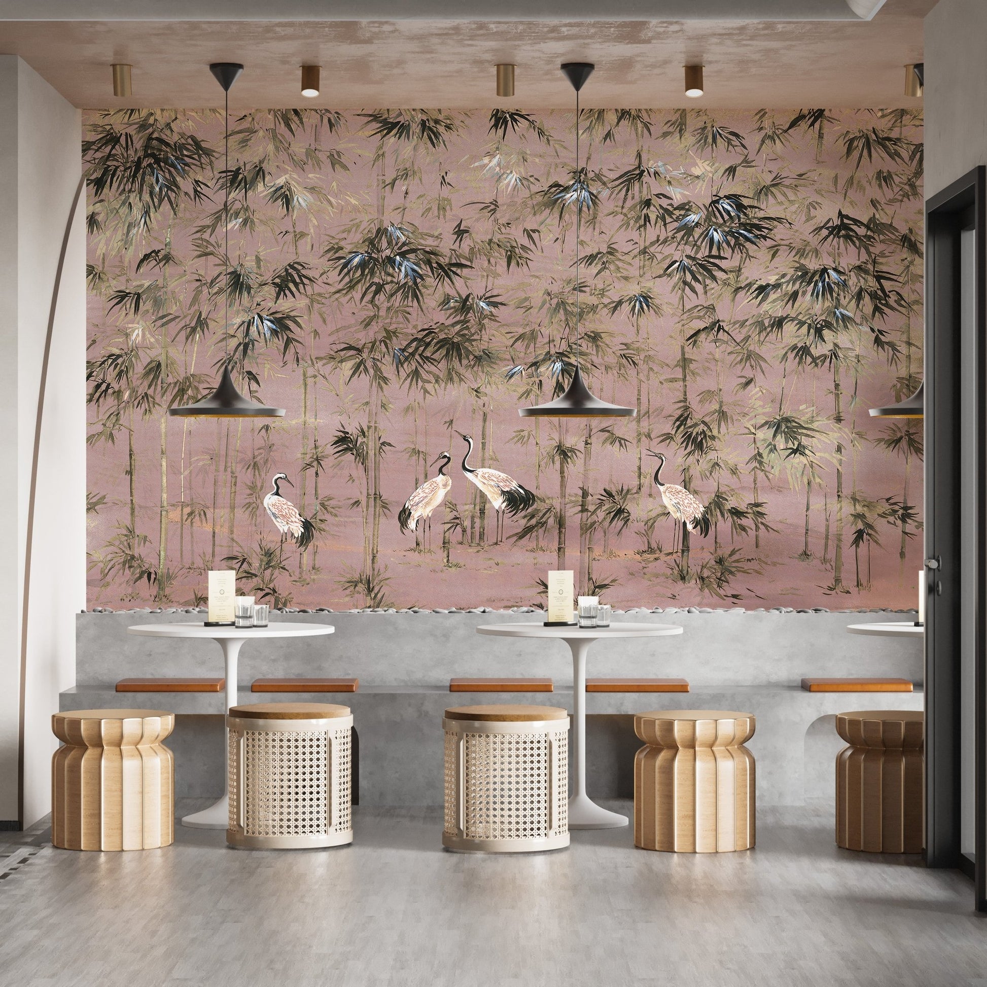 Pink Color with White Crane Wall Mural in cafe area.