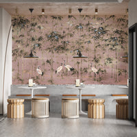 Pink Color with White Crane Wall Mural in cafe area.