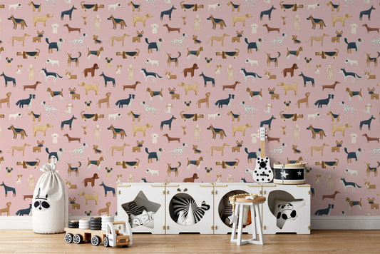 Pink dogs breed pattern wallpaper with hand-drawn canine illustrations.