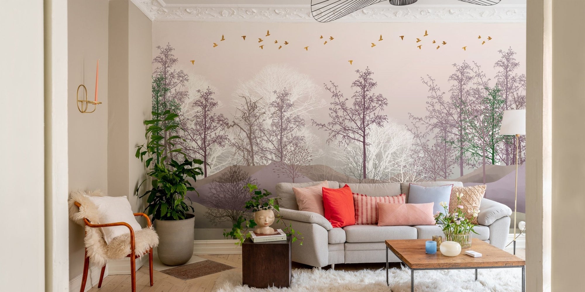 Pink Enchanted Forest Spooky Trees wall mural in soft pastel living room interior
