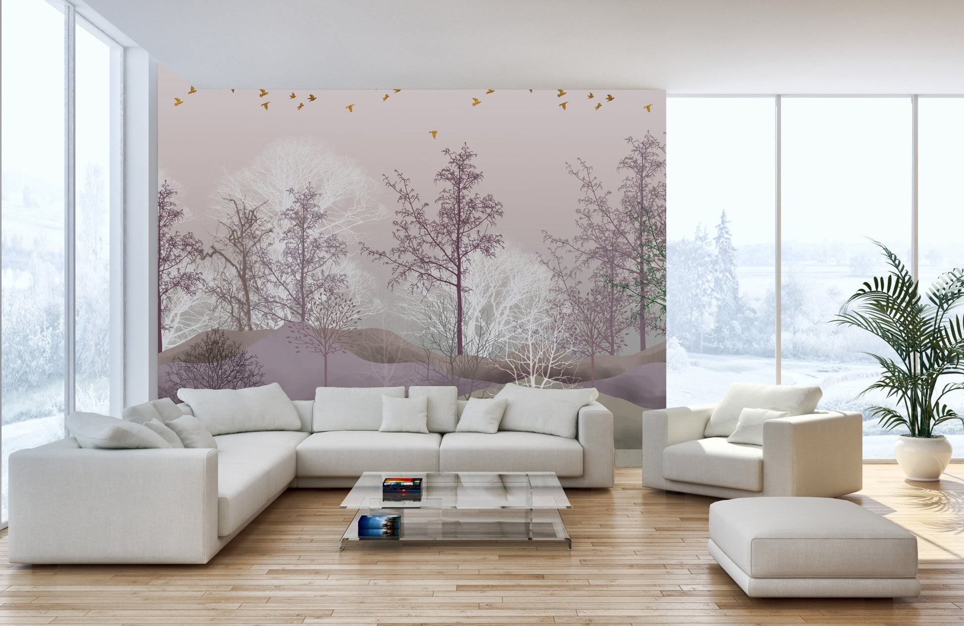 Pink Enchanted Spooky Trees wall mural in modern apartment living room