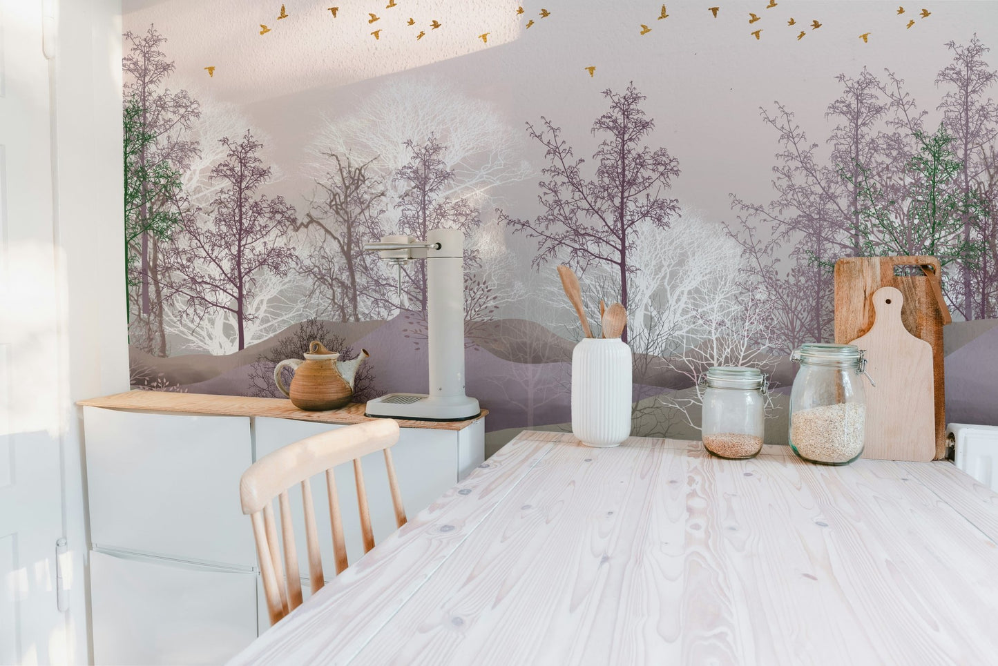 Artistic Pink Forest Trees Wall Mural for kitchen backdrop.