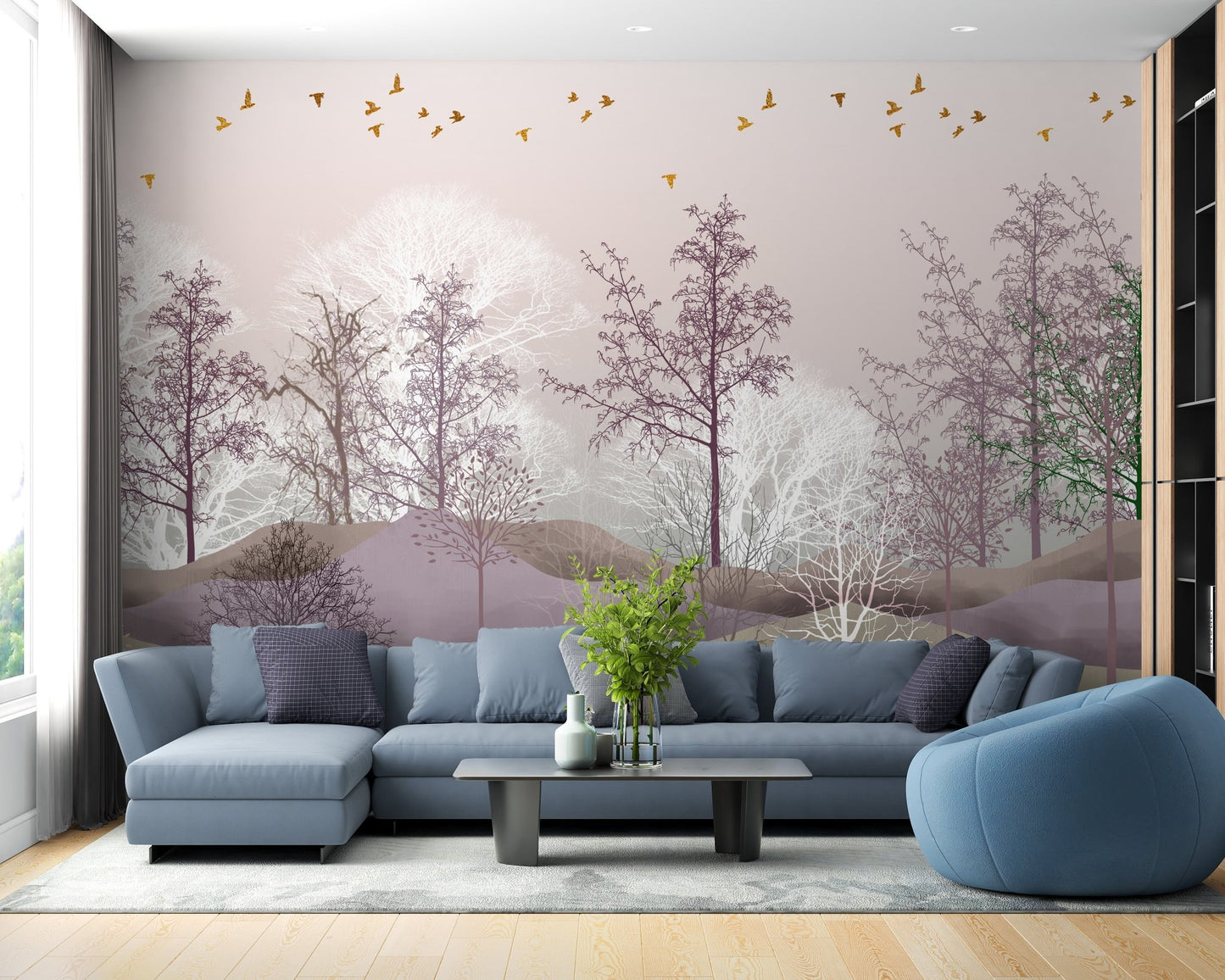 Premium Pink Enchanted woodland mural for living area wall.

