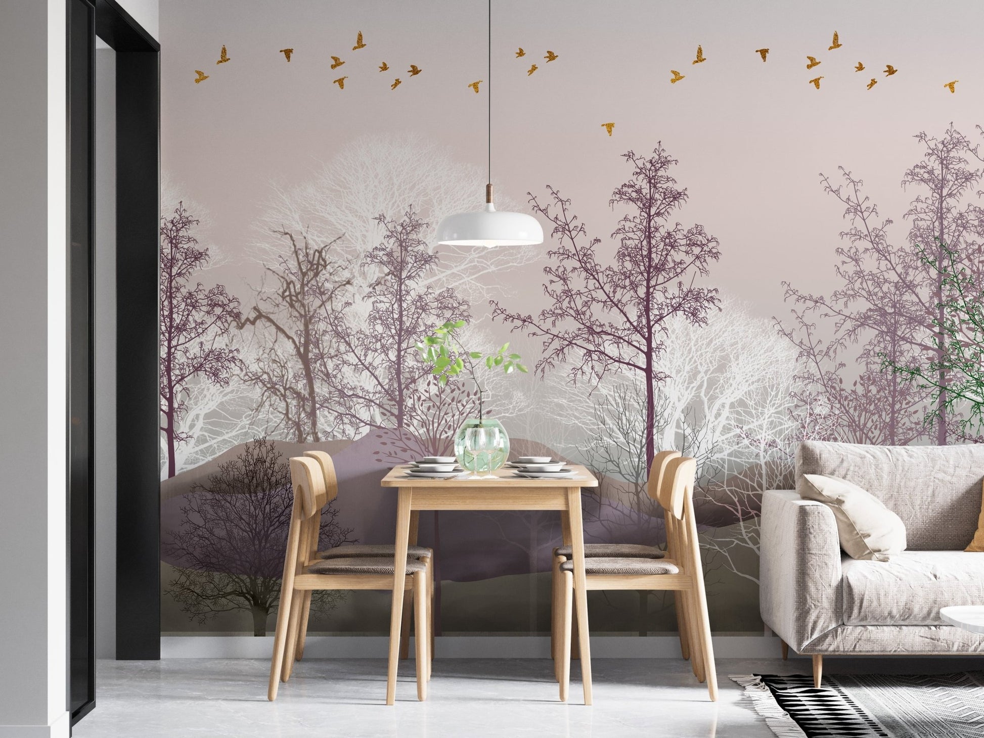 Pink woodland spooky trees wall mural in contemporary dining wall decor