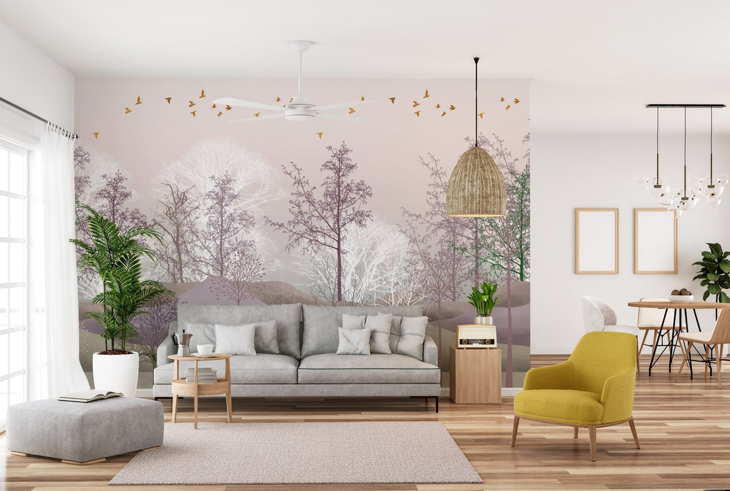 Spooky Trees wall mural behind sofa in living room space