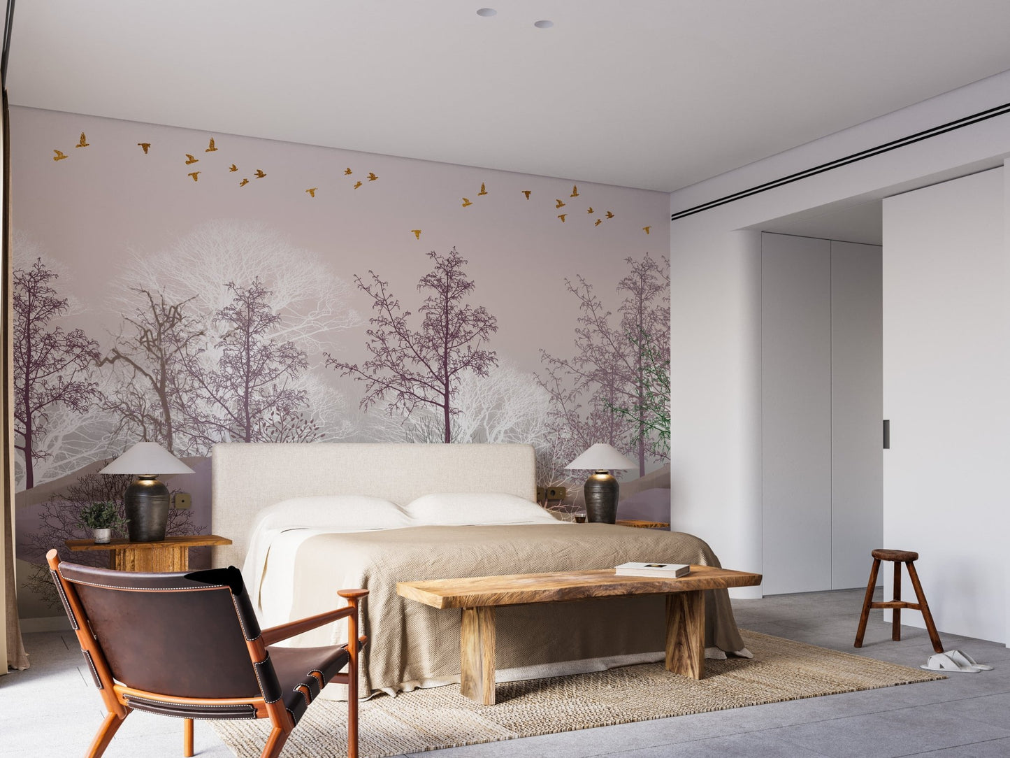 Pink forest theme wallpaper with spooky trees in bedroom feature wall