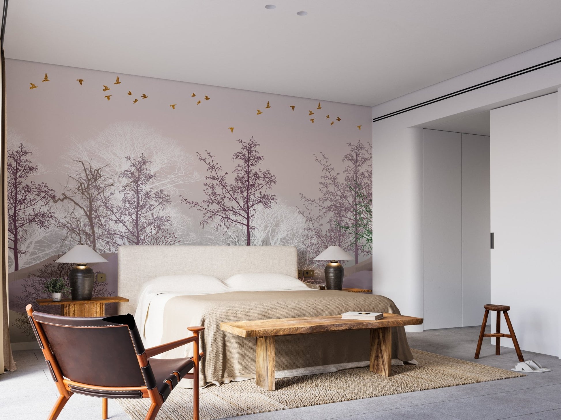Pink forest theme wallpaper with spooky trees in bedroom feature wall