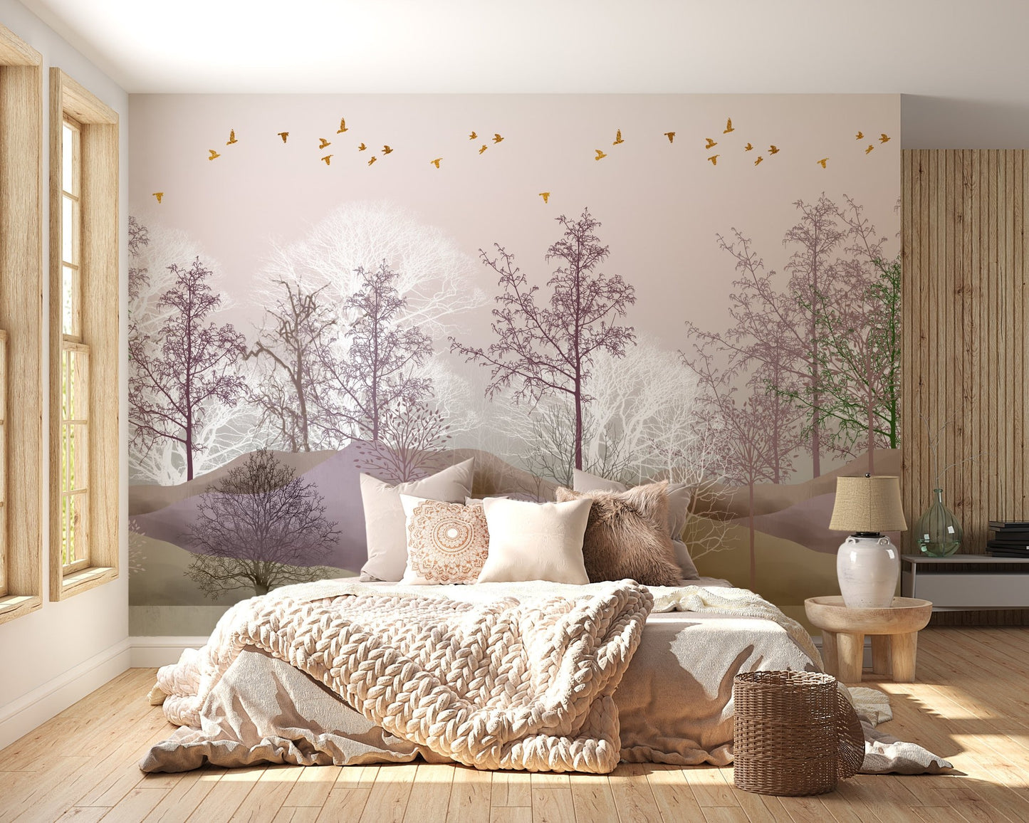 Unique Spooky Trees in Pink Forest Wall Mural for bedroom.