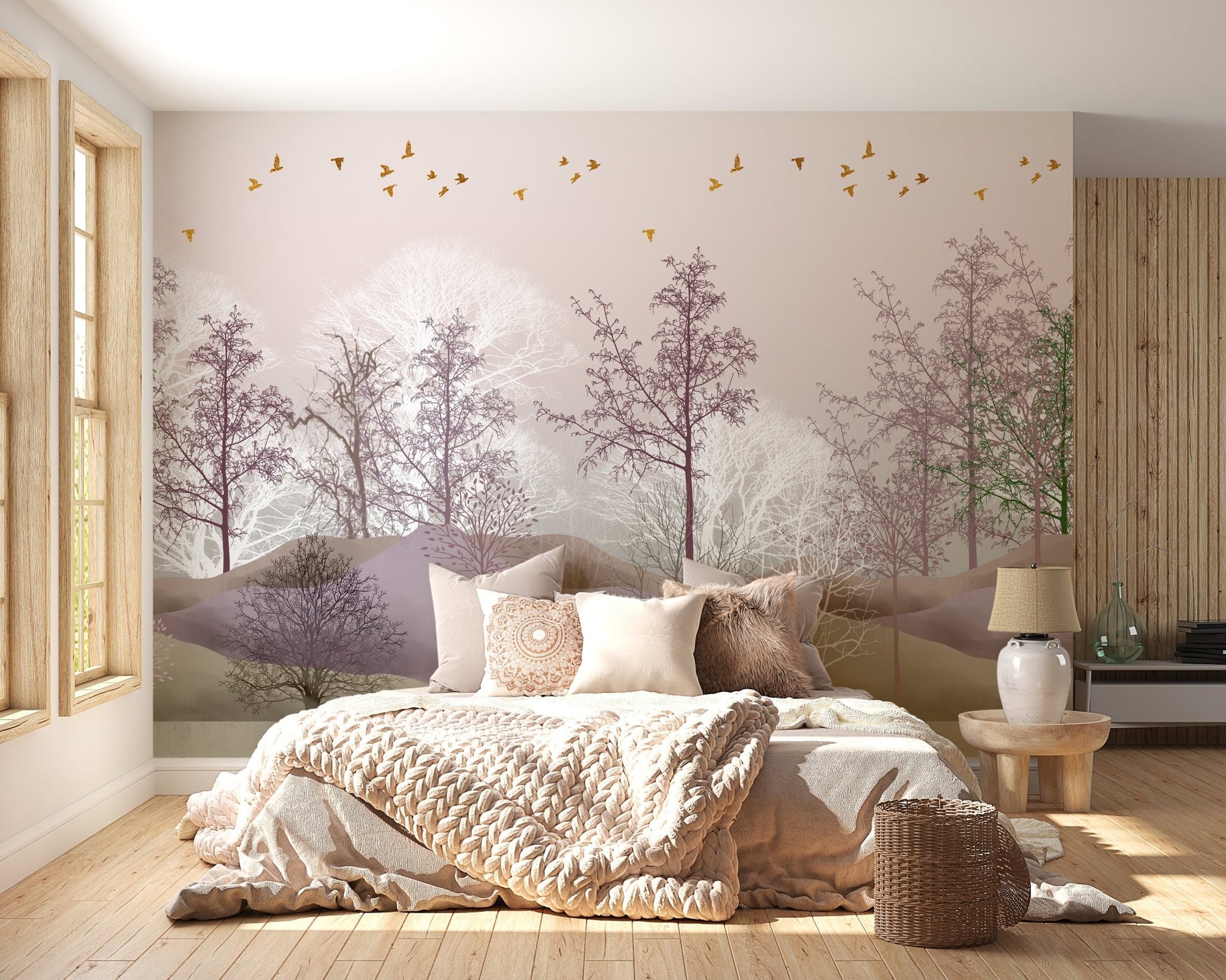 Unique Spooky Trees in Pink Forest Wall Mural for bedroom.