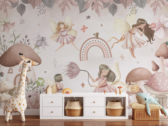 Pink fairyland wallpaper mural with pastel fairies and mushrooms.