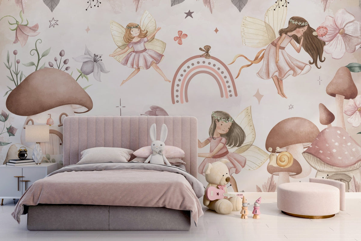 Pastel fairy wallpaper mural with mushrooms and floral details.
