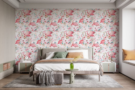 Pink Flamingo Patterns wallpaper in a serene bedroom with wooden furniture.