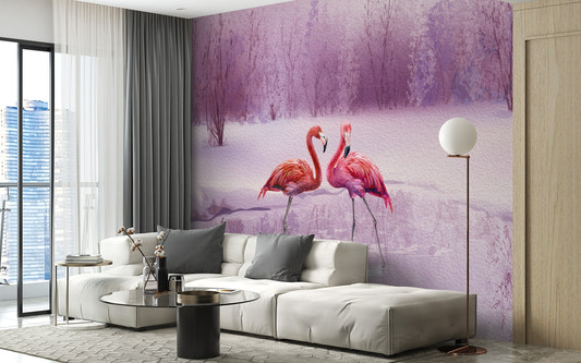 Pink Flamingos by the Water Wall Mural in a bright living room with a white sofa.
