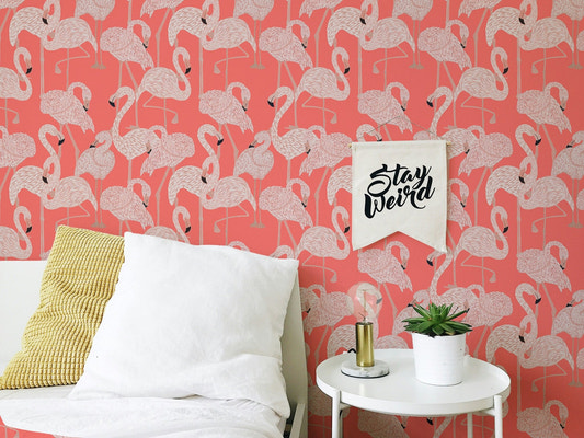 Pink Flamingos Design Peel and Stick Wallpaper on a bedroom wall with white pillows.