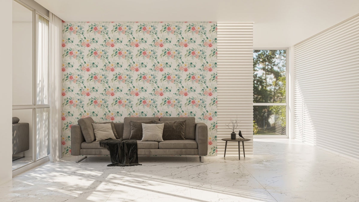 Pink floral wallpaper in a wide living room with a grey sofa.