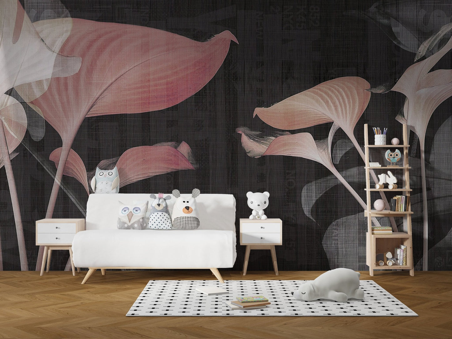 Minimalist kids area featuring pink lily wall mural and white furniture.