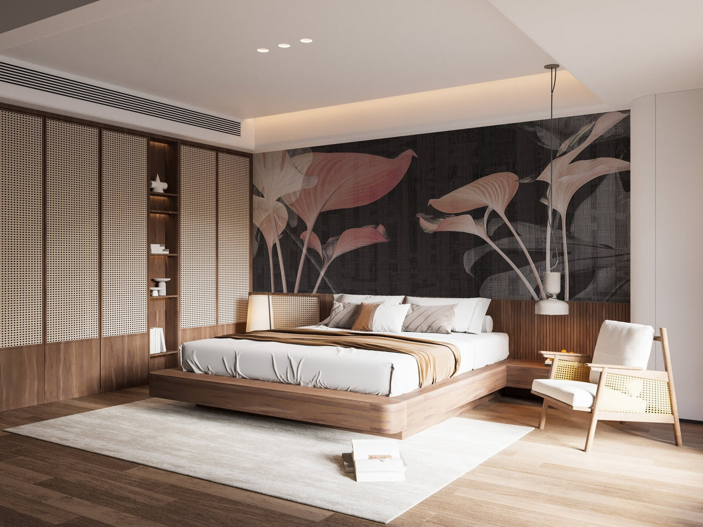 Bedroom with wooden bed frame and dark pink botanical wall mural.