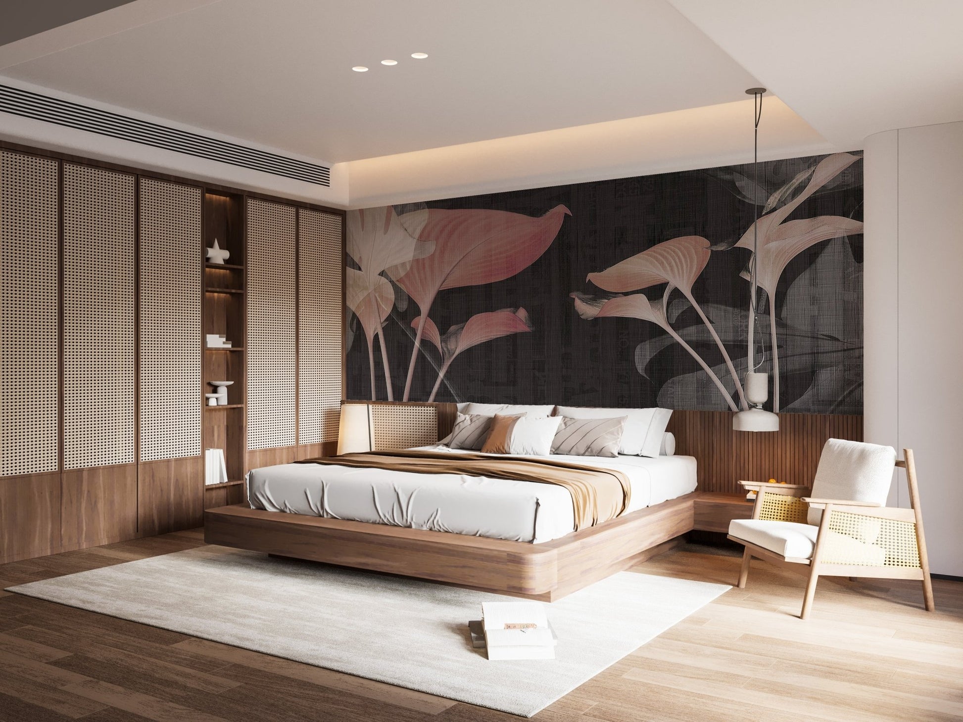 Bedroom with wooden bed frame and dark pink botanical wall mural.