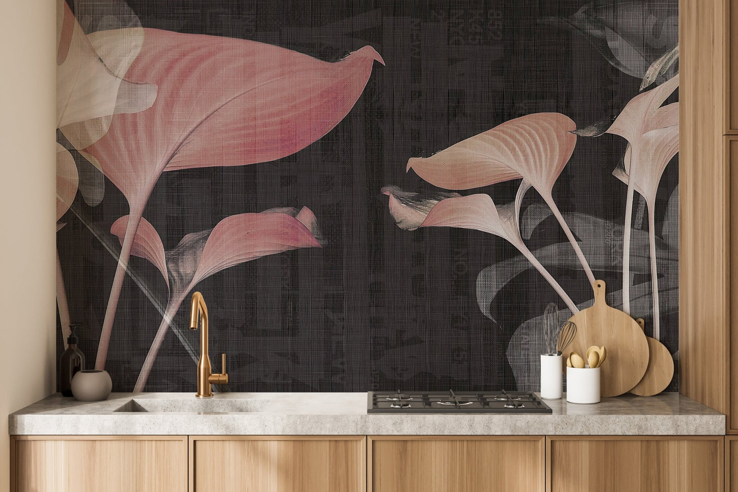 Kitchen counter featuring a dark pink botanical wall mural backdrop.
