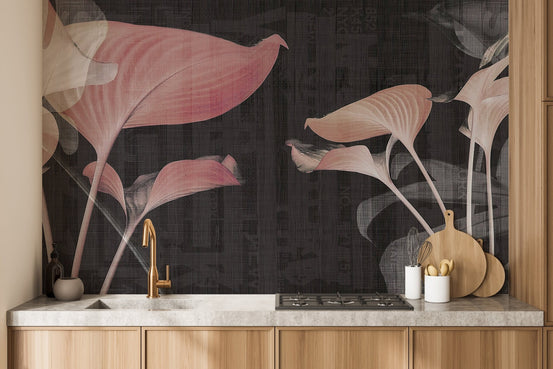 Kitchen counter featuring a dark pink botanical wall mural backdrop.