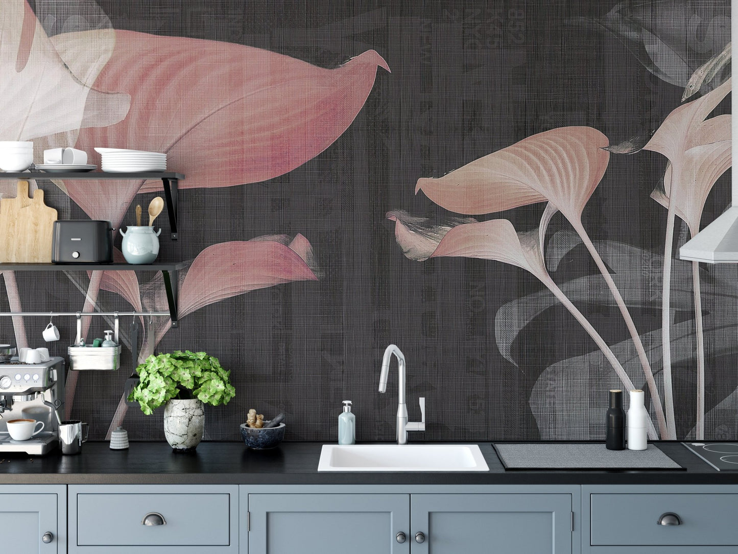 Modern kitchen space with blue cabinets and floral wall mural.
