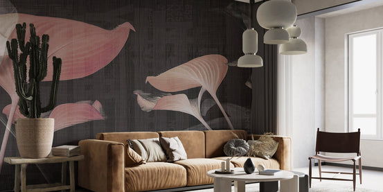 Modern living room with tan sofa and pink floral wall mural.