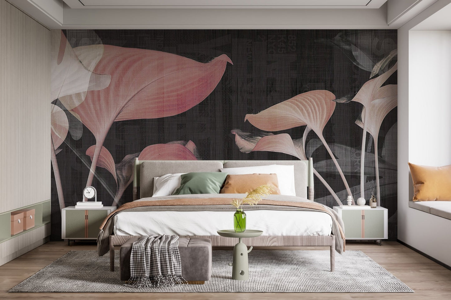 Bright bedroom with white bedding and pink floral wall mural.