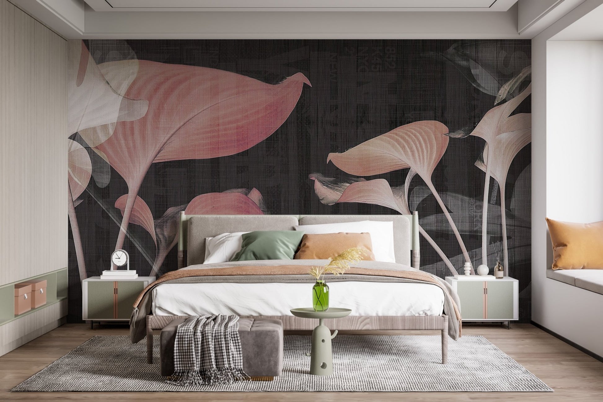 Bright bedroom with white bedding and pink floral wall mural.