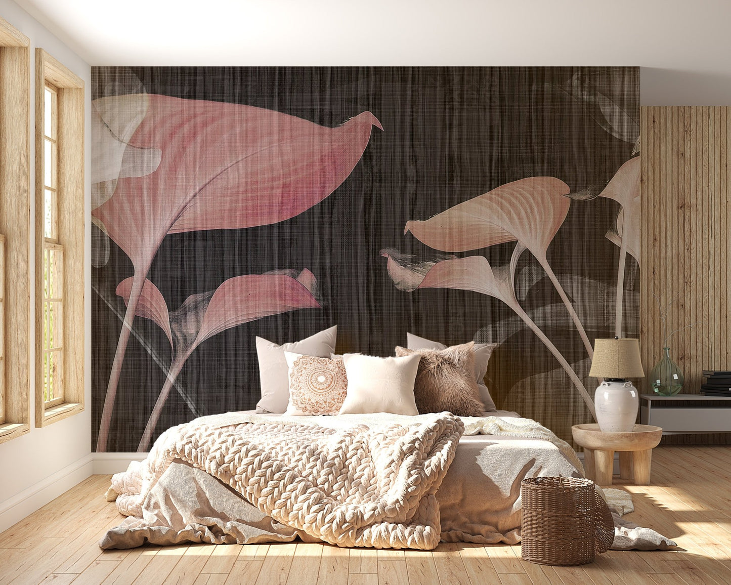 Neutral toned bedroom featuring pink watercolor lily wall mural