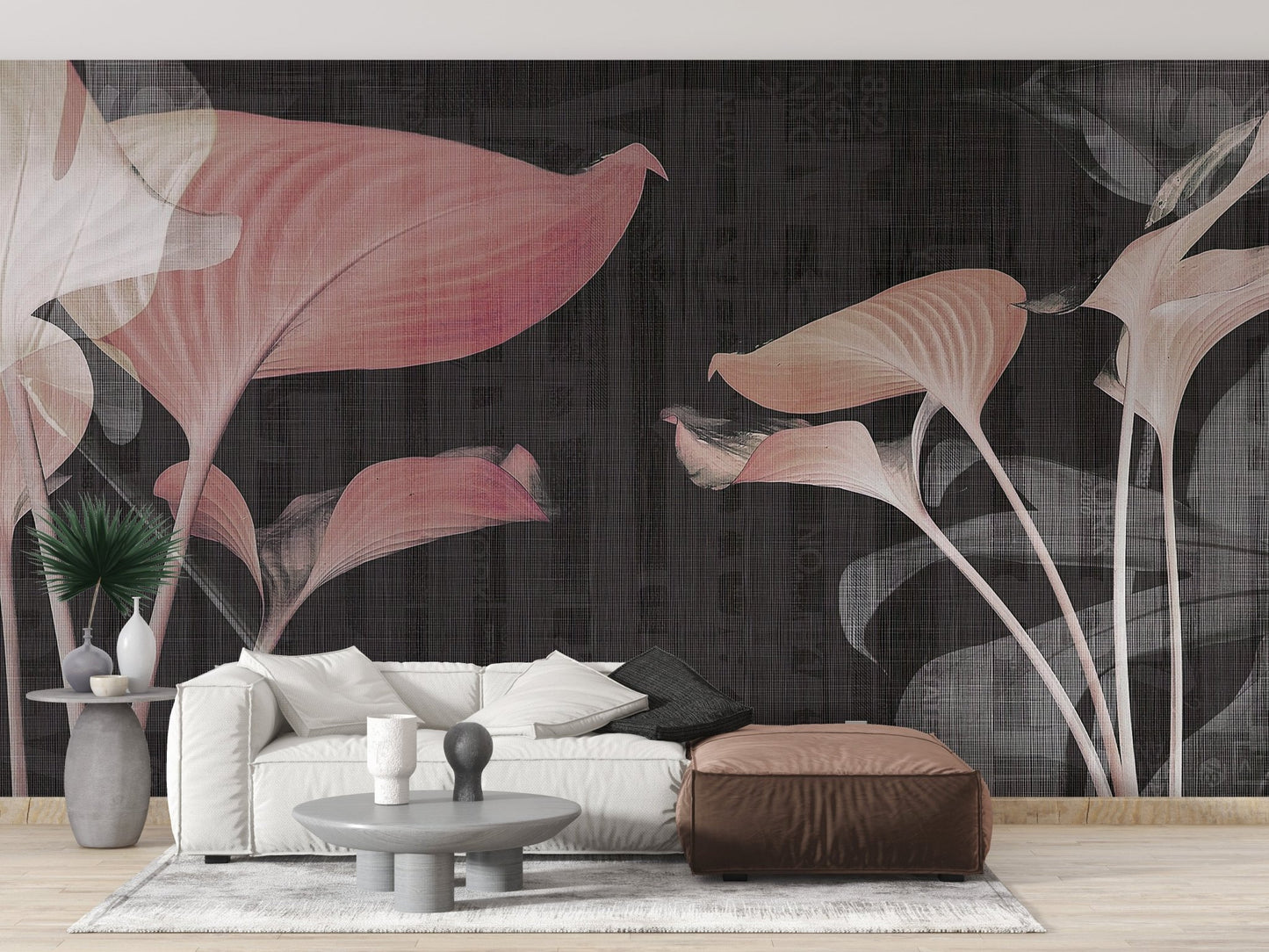 Contemporary seating area with white couch and pink lily flower wall mural