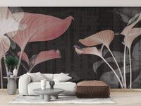 Contemporary seating area with white couch and pink lily flower wall mural