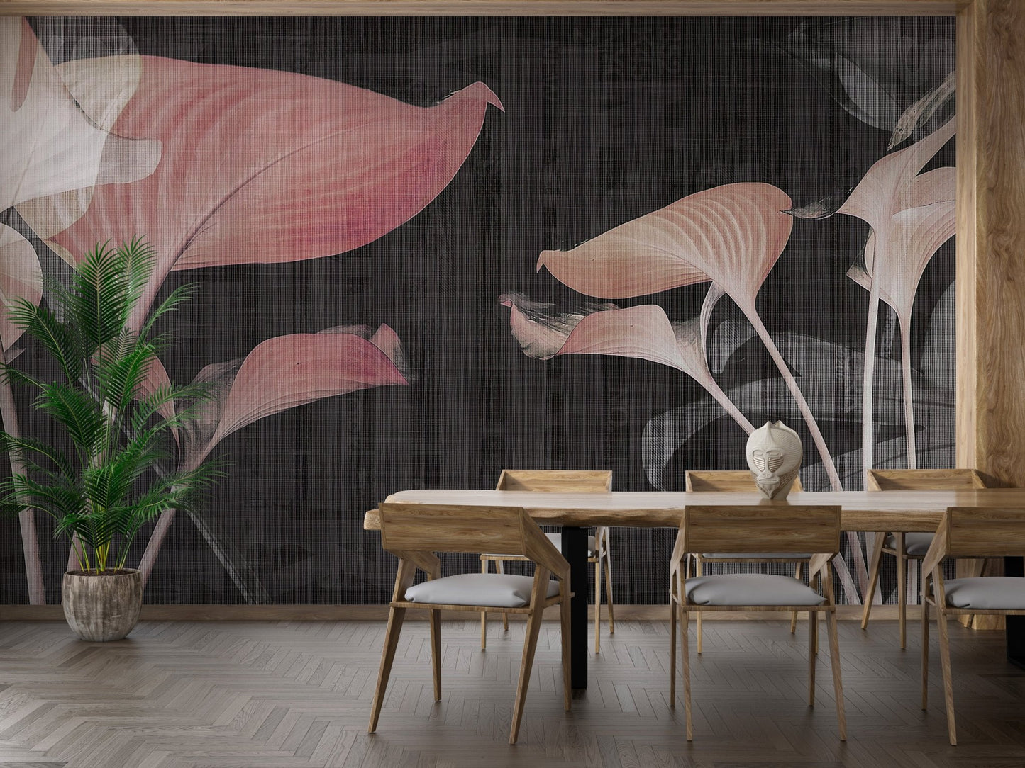 Dining room set against a large pink floral watercolor wall mural.