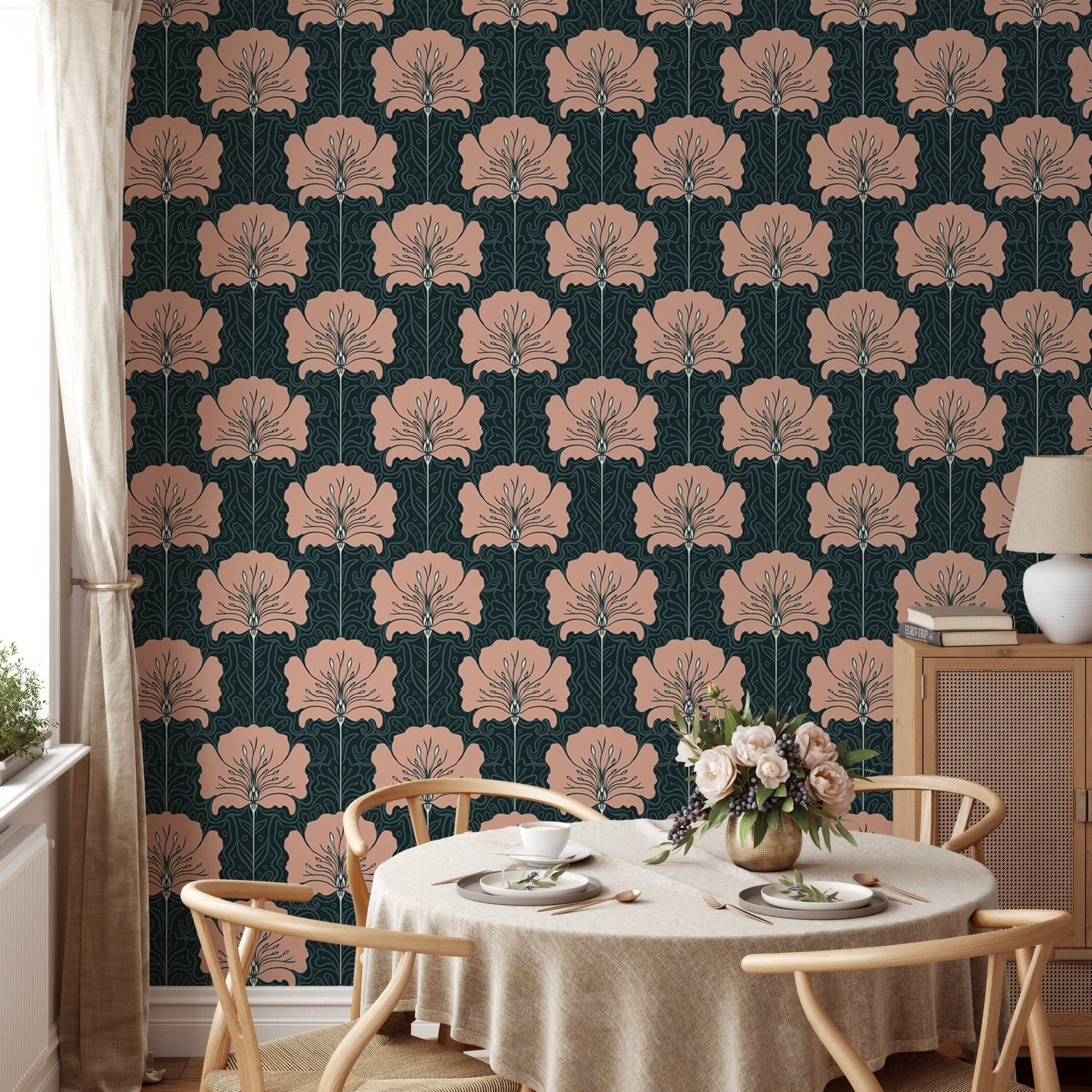 Classic Victorian wallpaper with pink floral details