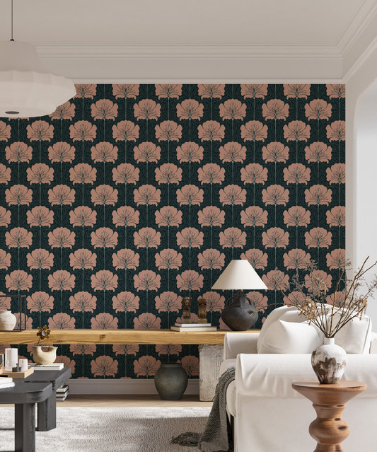 Victorian-style wallpaper with pink flower patterns in living room.