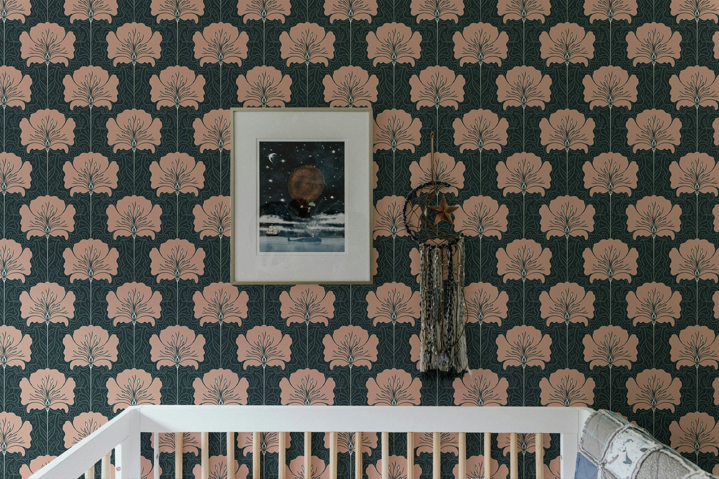 Graceful pink flowers on Victorian-style wallpaper