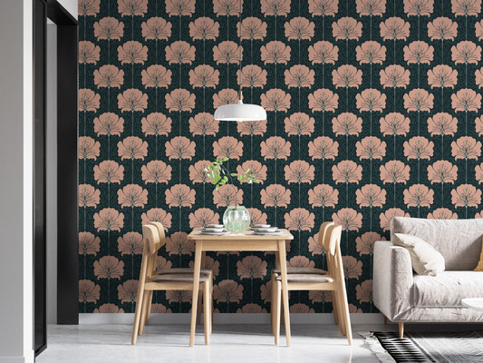 Delicate pink floral victorian wallpaper design for dining room walls.
