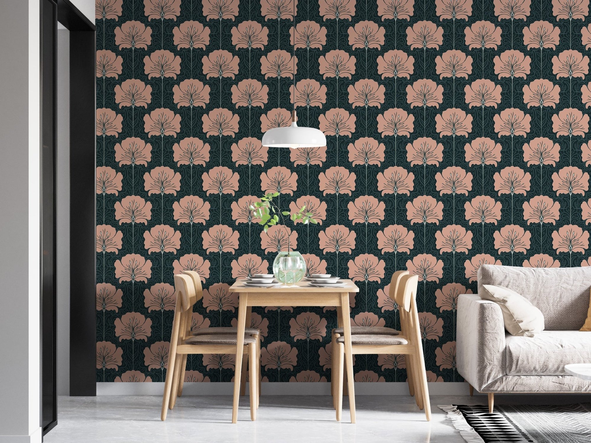 Delicate pink floral victorian wallpaper design for dining room walls.