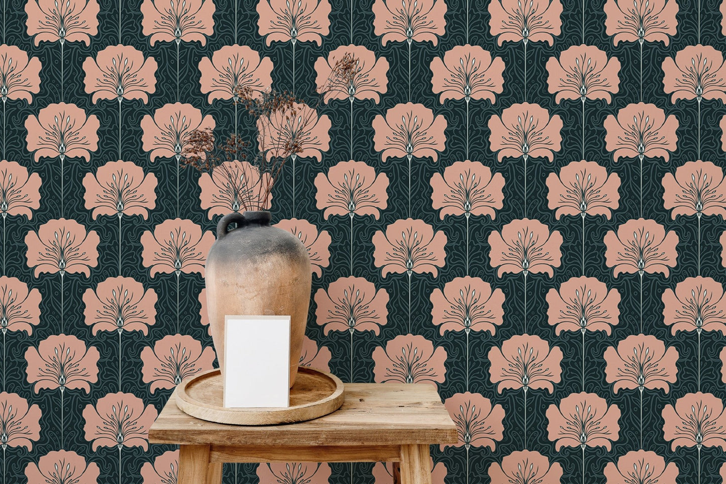 Elegant wallpaper with pink floral art nouveau motifs