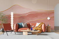 Living room area with pink mountain wall mural