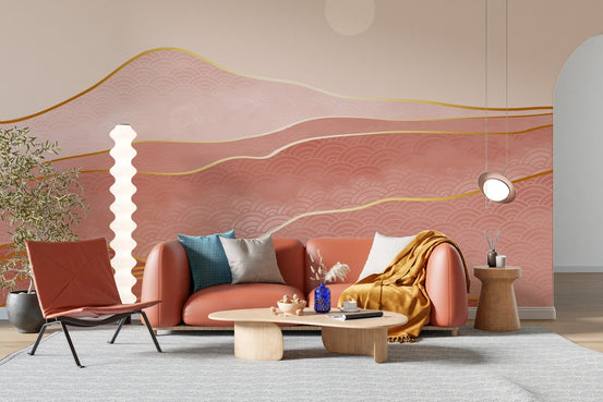 Living room area with pink mountain wall mural
