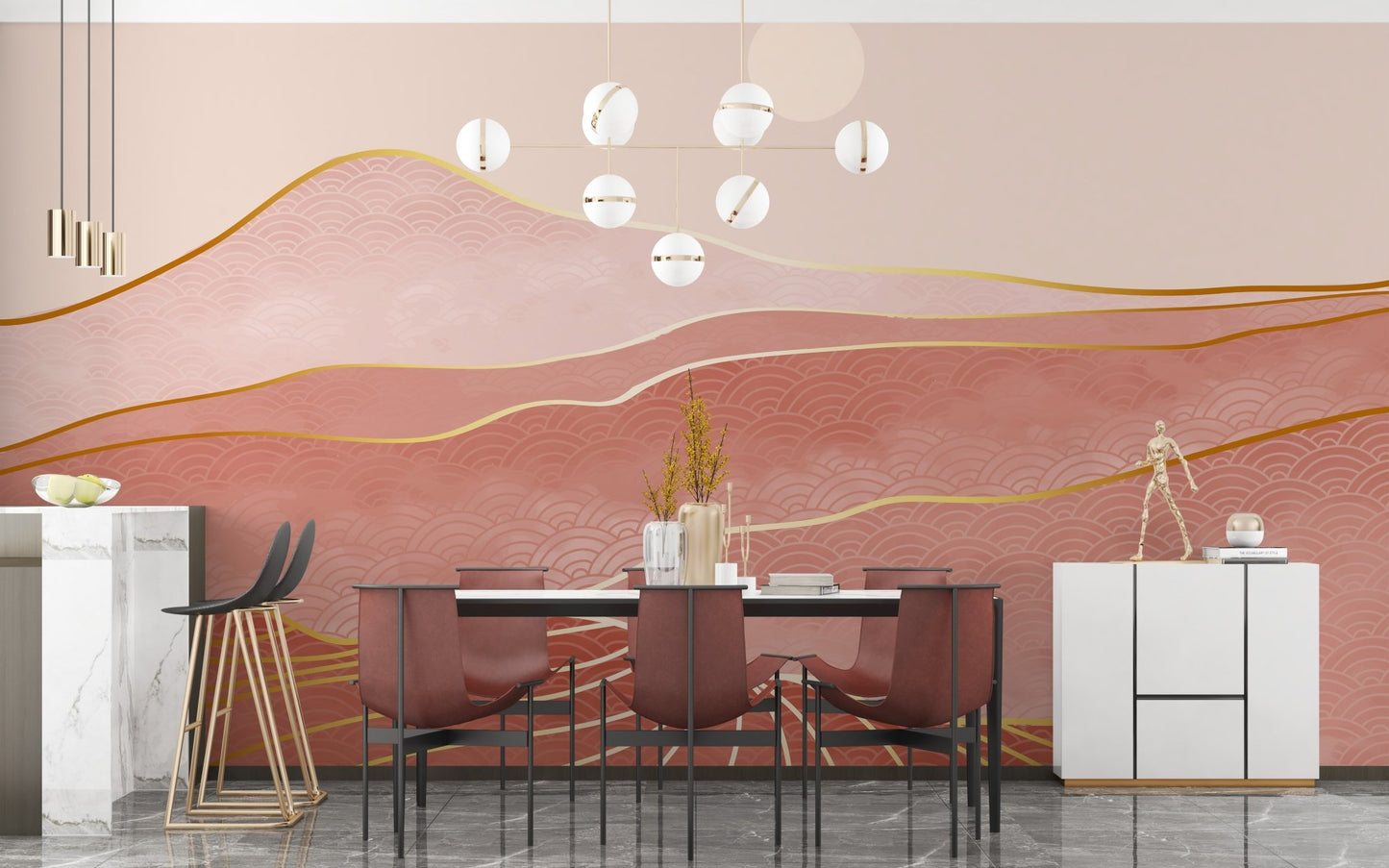 Modern dining room with pink mountain wall mural.